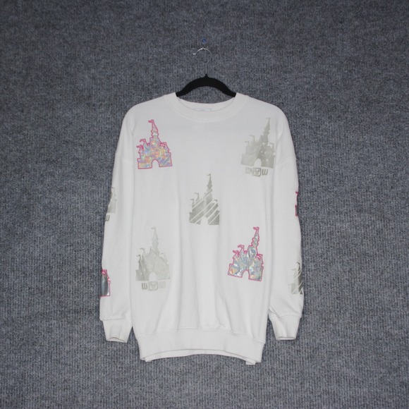 Disney White Sweatshirt Castles Graphic Crewneck Pullover Long Sleeve Womens M - Picture 2 of 7